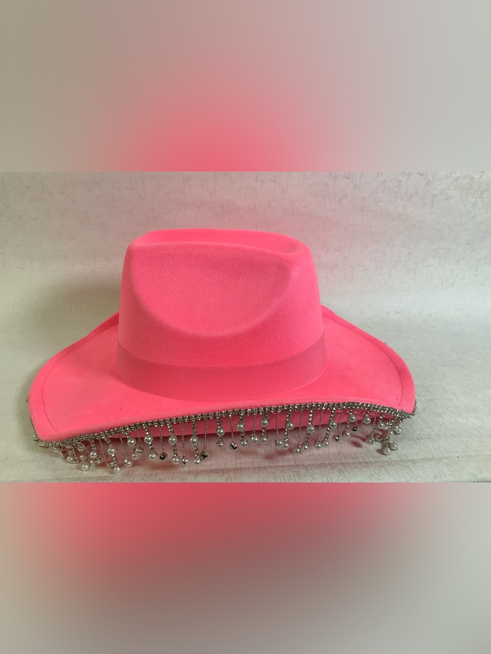 Women's Hot Pink Felt Fedora Hat with Pearl Fringe